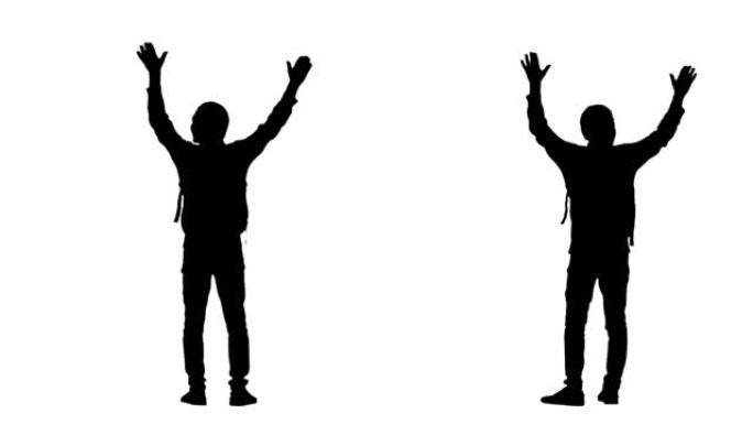 一个穿着运动服的年轻人的黑色轮廓和一个背包，为他看到的举起手来感到高兴。白色背景上的2合1拼贴背面视