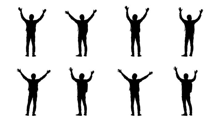一个穿着运动服的年轻人的黑色轮廓和一个背包，为他看到的举起手来感到高兴。白色背景上的2合1拼贴背面视