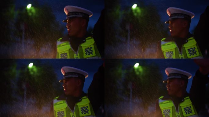 高峰期指挥交通 风雨无阻雨天交警傍晚交警