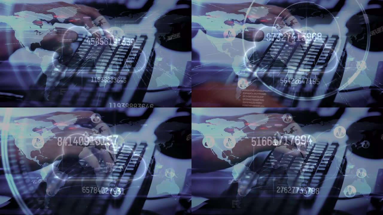数字和数字云的动画，有人在电脑键盘上打字