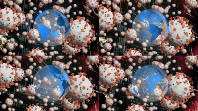 在covid细胞上旋转的地球仪的动画和界面上的数据处理