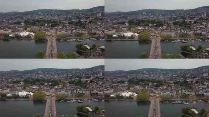 瑞士晚间时间苏黎世市著名交通桥梁空中全景4k