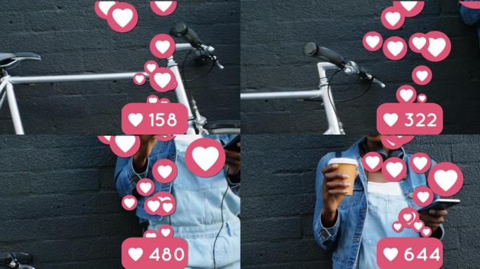 使用智能手机和喝咖啡的女性的社交媒体心脏图标动画