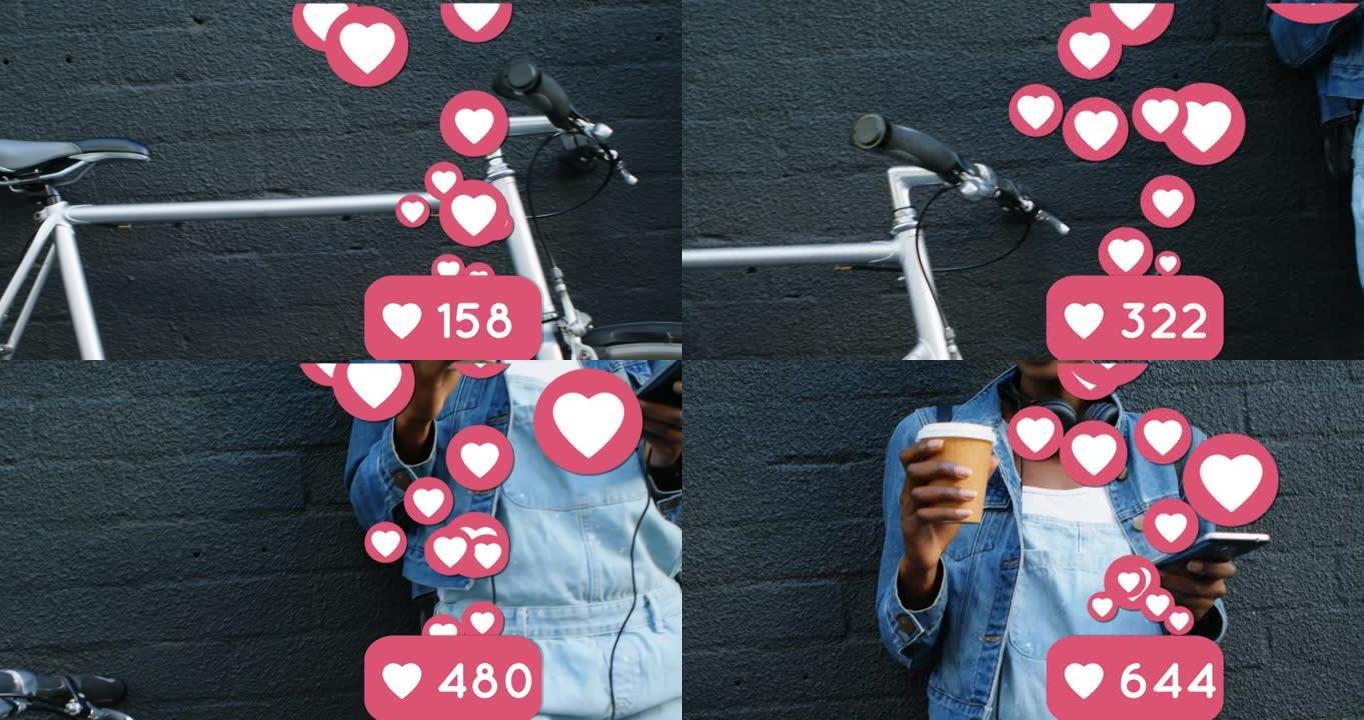 使用智能手机和喝咖啡的女性的社交媒体心脏图标动画
