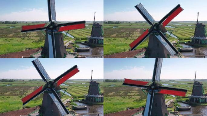 早晨有风车的传统荷兰景观