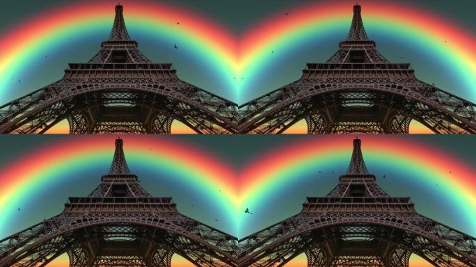 一条巨大的彩虹，鸟儿高飞在法国巴黎的埃菲尔铁塔上