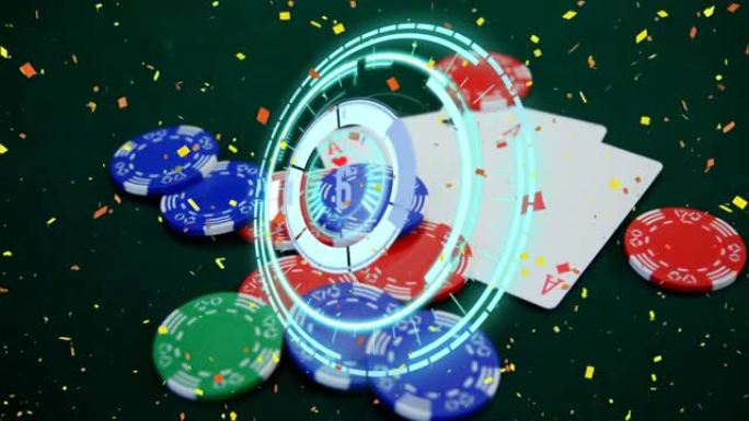 扑克牌和赌场赌博筹码上的范围扫描和五彩纸屑动画