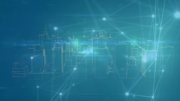 蓝色背景上的3d城市景观上的连接网络动画