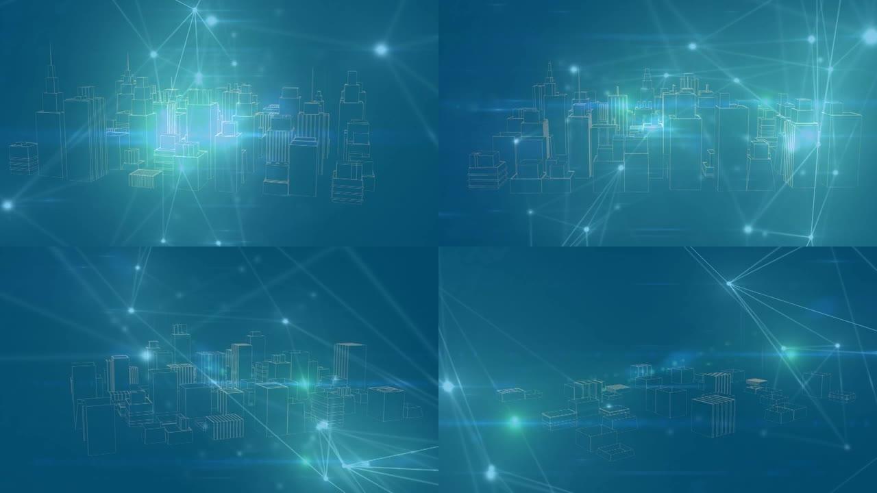 蓝色背景上的3d城市景观上的连接网络动画