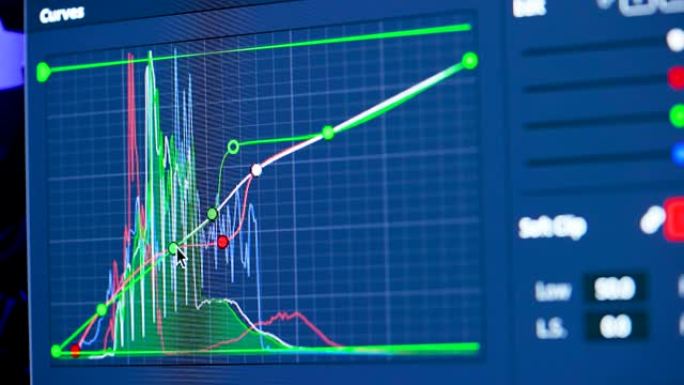 色彩校正后期制作视频或照片进行中，特写。视频编辑和专业色彩分级程序。色线的曲线，平衡和对比。颜色校正