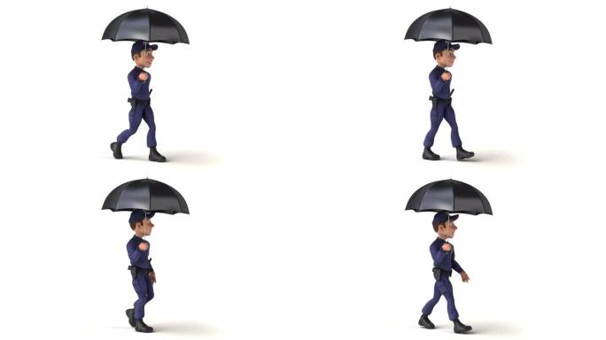 有趣的3D卡通警察男子用伞行走