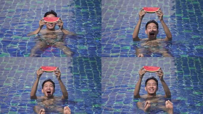 假期 -- 亚洲男子手里拿着西瓜在游泳池放松