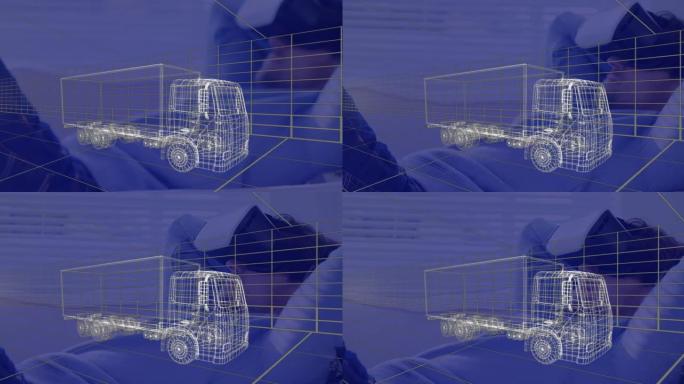 卡车3d技术图动画，在家中戴着vr耳机的人