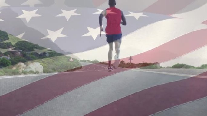 美国国旗在街上奔跑的人身上移动的动画