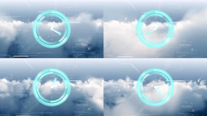 多云天空时钟移动和数据处理的动画