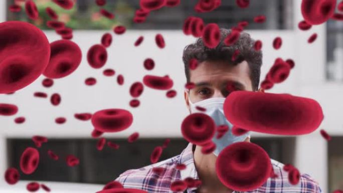 城市街道上戴着口罩的男子身上漂浮红细胞的动画
