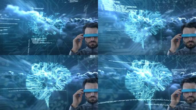 白人男子在微处理器连接上戴着vr护目镜，形成大脑和数据处理