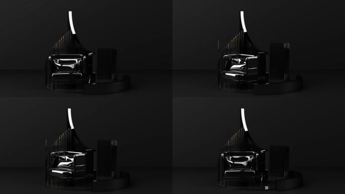 黑色和金色纹理沙发和椅子周围的最小几何形状概念3d渲染循环动画