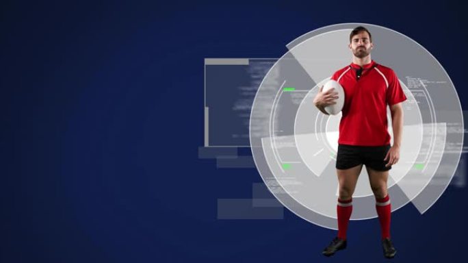 在屏幕上进行数字数据处理的白种人男性橄榄球运动员的动画