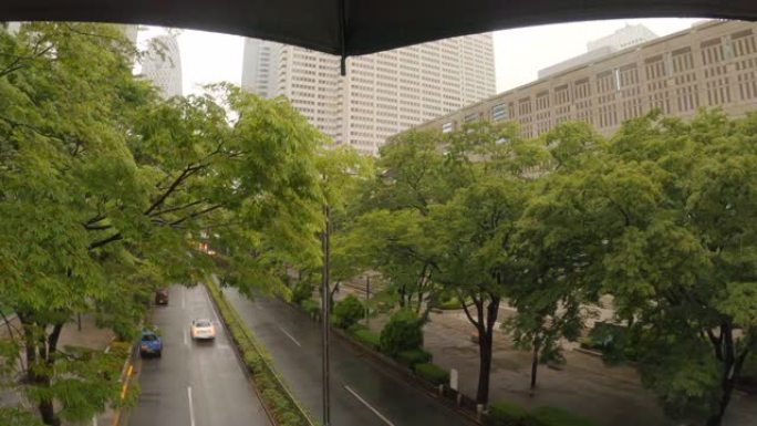 下雨天用雨伞低头看城市街道