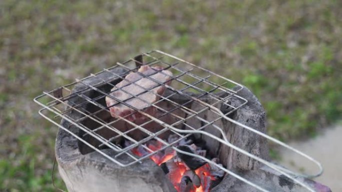 猪肉烧烤炉在燃烧的红色热木炭上