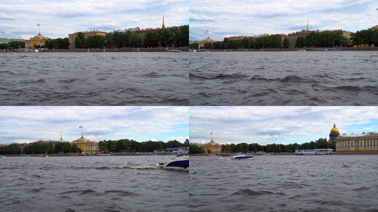 从圣彼得堡宫殿堤防上的涅瓦河上的延时视图，