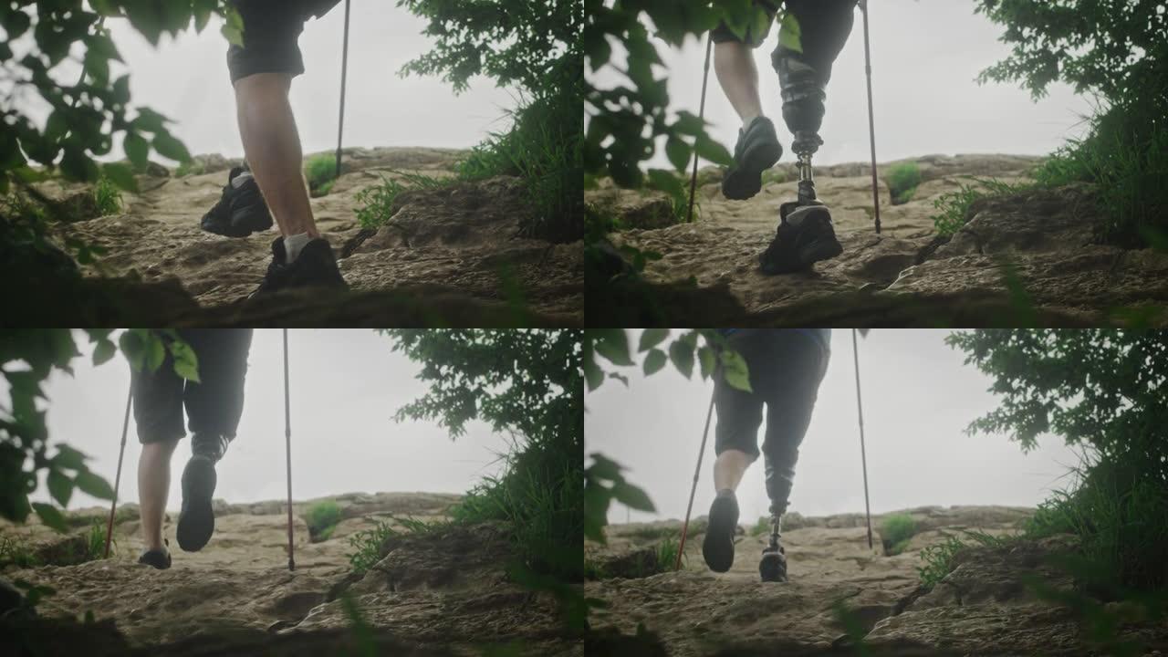 有假肢的男性徒步旅行者。残疾人突破岩石，享受着去山上旅行的时光