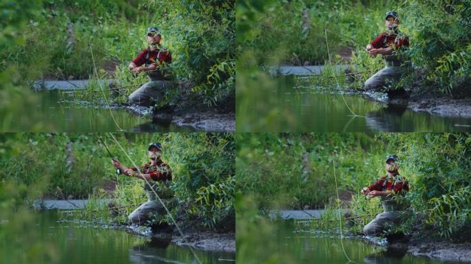 飞钓。垂钓者在茂密的海岸钓鱼，并在狭窄的小溪下游投下钓线