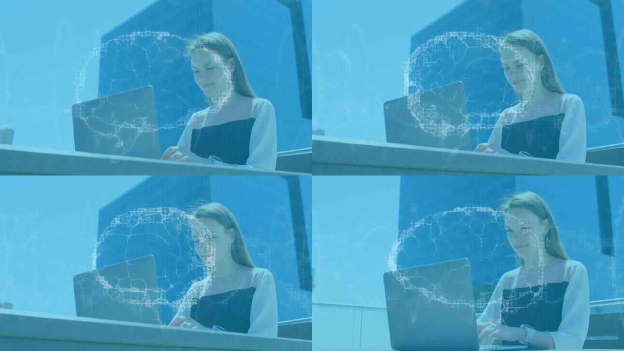 使用笔记本电脑在女商人身上旋转的人脑动画