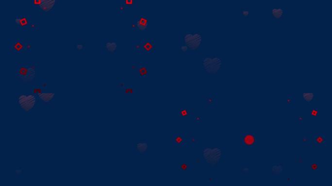 蓝色背景下的多颗黑色心脏上的红色花卉设计