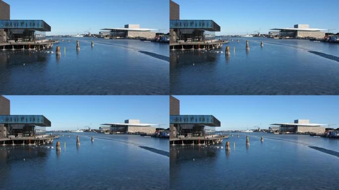 哥本哈根港Inderhavnen运河的冬季景观