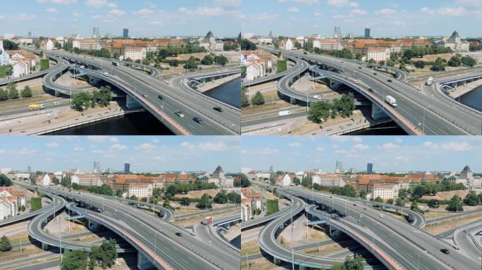 奥德拉河、城市高速公路和波兰什切青市的鸟瞰图