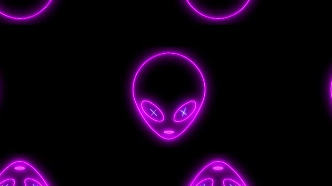 霓虹飞碟脸，异形表情发光。生物，怪物，未来主义角色与发光二极管，霓虹灯隔离。