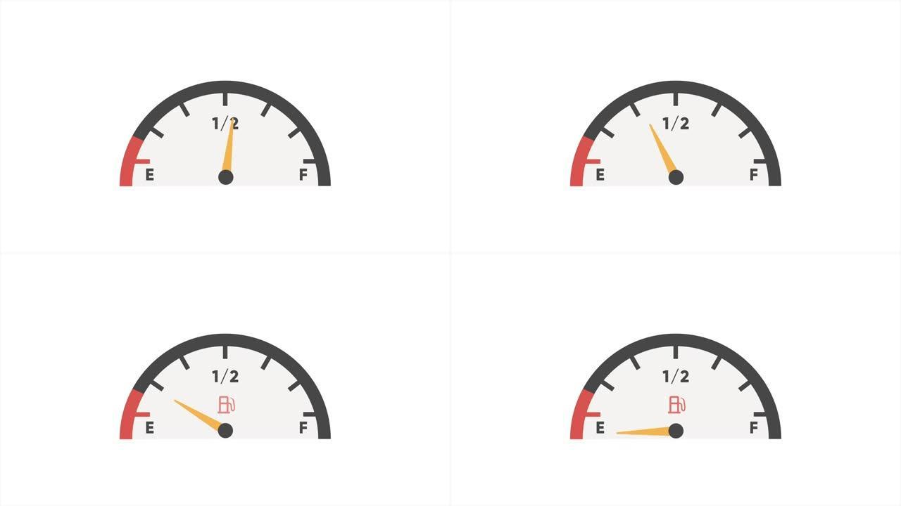 空燃油表图标。汽油指示器低。动画燃油指示器隔离在白色上。视频