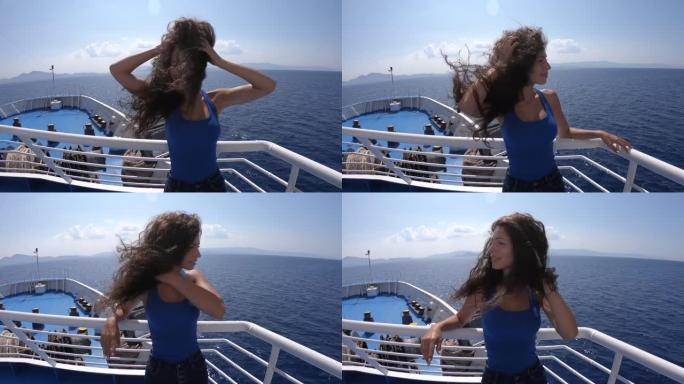 4k视频女人从渡船上享受大海