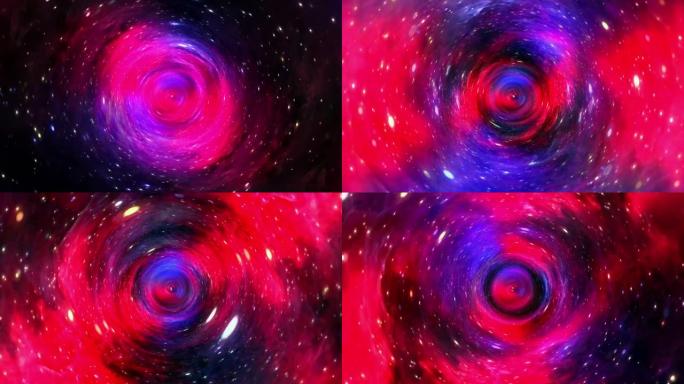 抽象超空间隧道穿过彩色鲜艳的蓝紫色时空漩涡。4K 3D循环科幻星际旅行穿过超空间中的虫洞。网络空间中