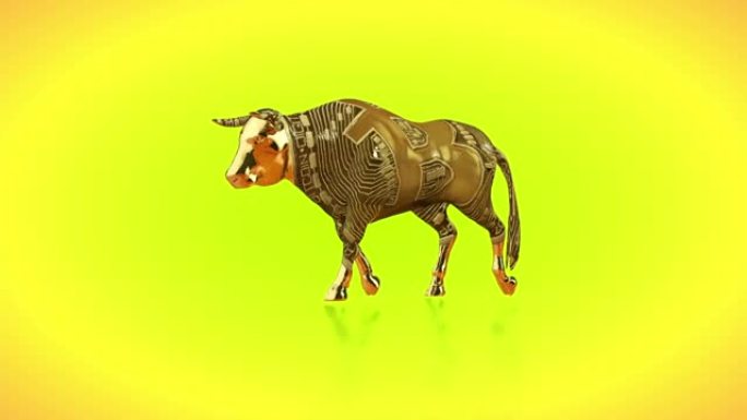 3D行走公牛象征着公牛加密市场，循环，对抗白色