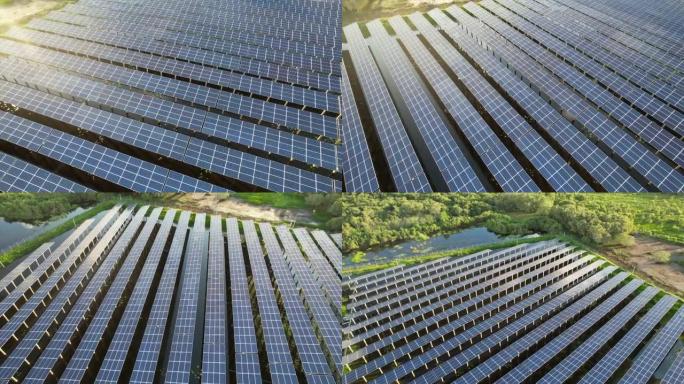 太阳能农场的空中俯视图，带有用于产生可再生电力的阳光电池。节能和替代电源的概念