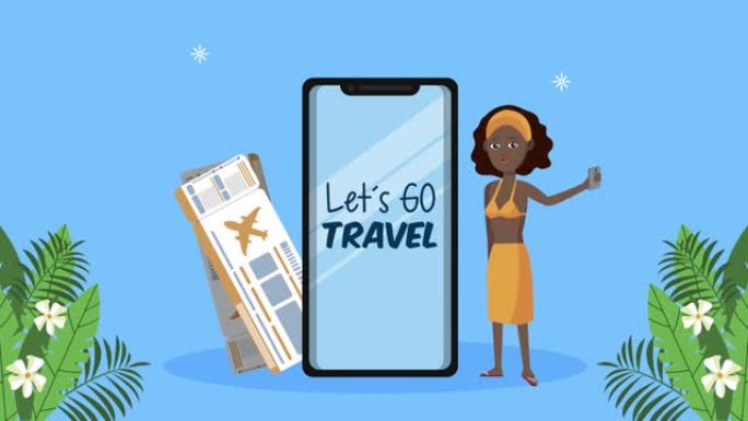 让我们在智能手机和非洲裔女游客中旅行刻字