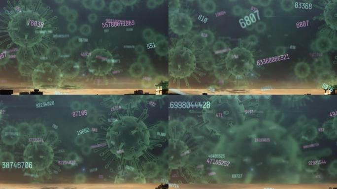 数字处理在绿色covid上的动画19病毒细胞漂浮在黑色上
