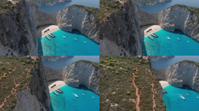 希腊著名的纳瓦焦沉船海滩上的高清视频无人机视图
