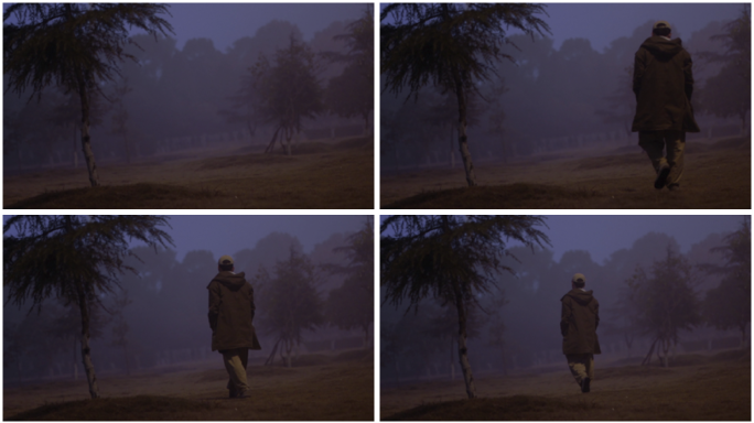 清晨迷雾一个人行走背影