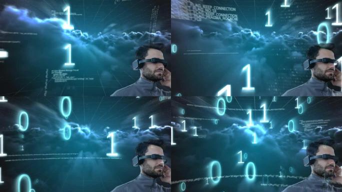 白人男子戴着vr护目镜，对黑云进行二进制编码和数据处理