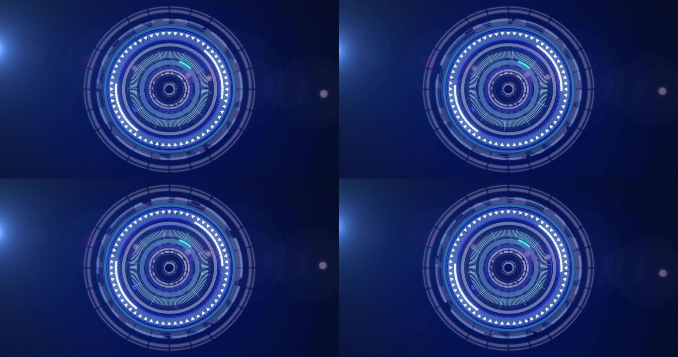 光斑和霓虹灯圆形扫描仪在蓝色背景下旋转的数字动画