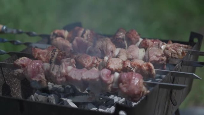 烤肉串是用猪肉在木炭上油炸的，并在户外烧烤。季节性户外活动，肉类烧烤特写。野餐。用煤烧烤。生烤烧烤猪
