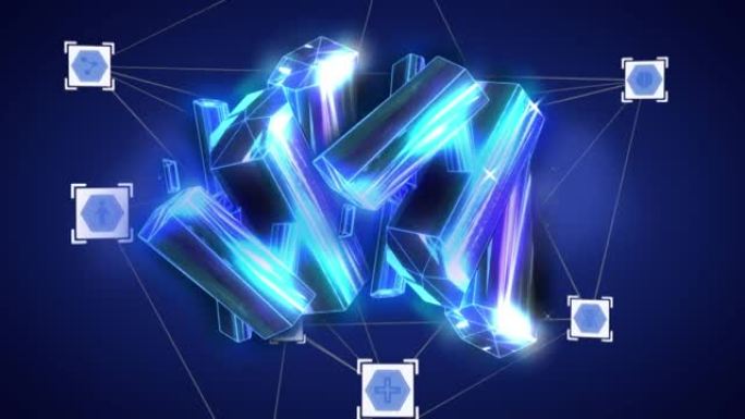 蓝色背景上带有处理器图标和金属块的连接网络动画