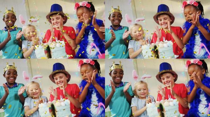 五彩纸屑掉落在生日蛋糕上的孩子的动画在聚会上玩得开心