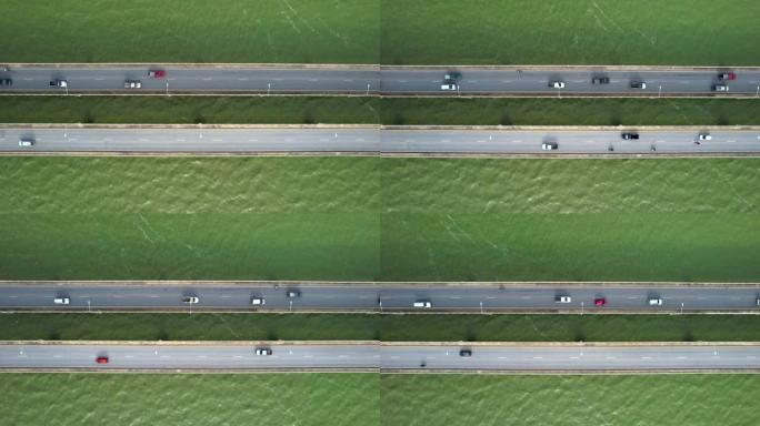 河上桥上汽车交通的俯视图，无人机拍摄。