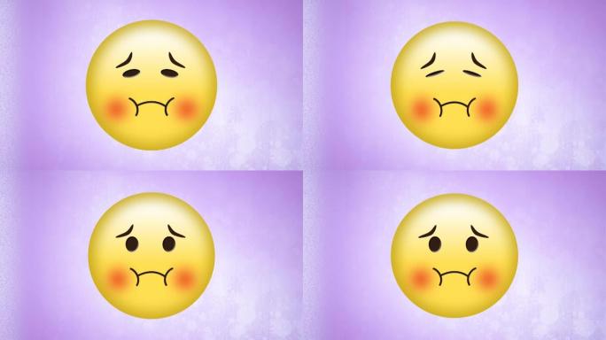 淡紫色背景上的红色五彩纸屑飞过悲伤尴尬的表情符号的动画