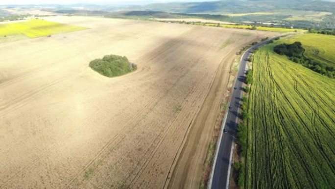 4k视频空中无人机拍摄了农田之间的一条直线道路，三辆汽车在上面行驶